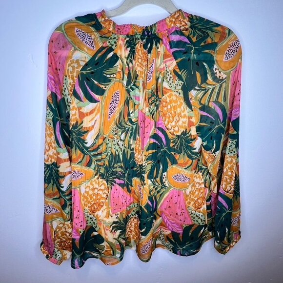 NWT Daniel Rainn Tropical Print Long Sleeve Pleated Blouse Ruffle Collar Sz PM - Picture 5 of 8
